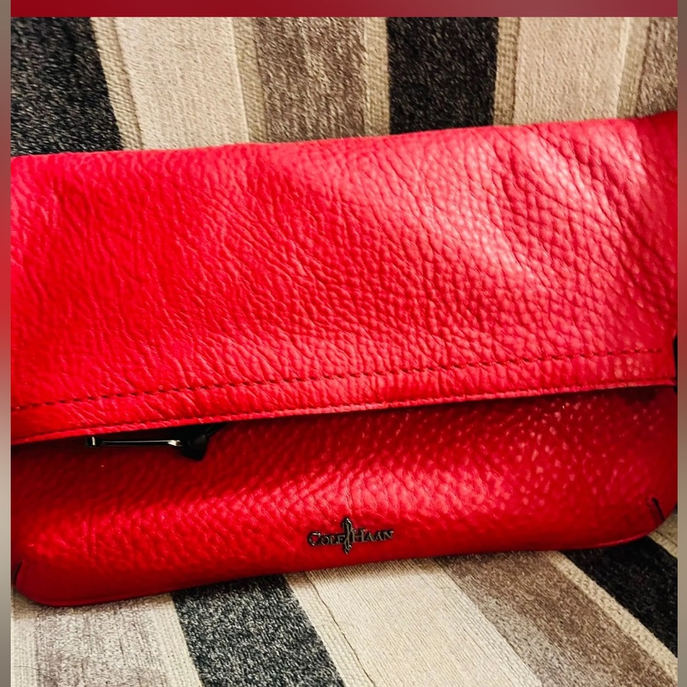 Colehaan Vibrant Red Leather fold over  Clutch - Picture 3 of 14